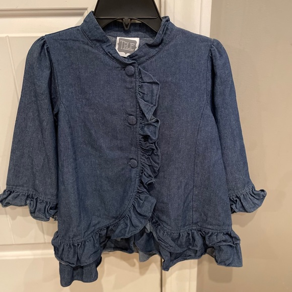 Girls sz 7 denim ruffle coat 3/4 sleeves - Picture 1 of 4